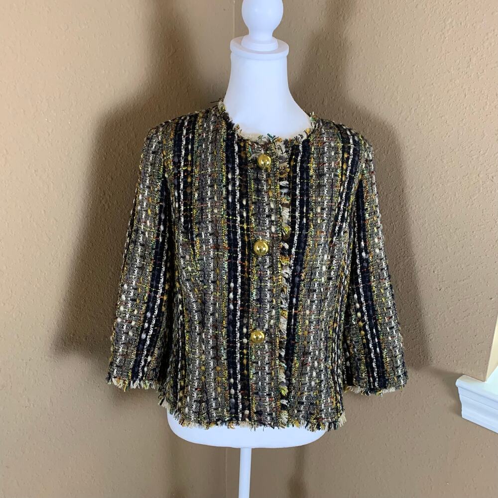 Cabi Tweed Medium Fringe Trim Gold Button Blazer Cardigan Black Multi Boucle
